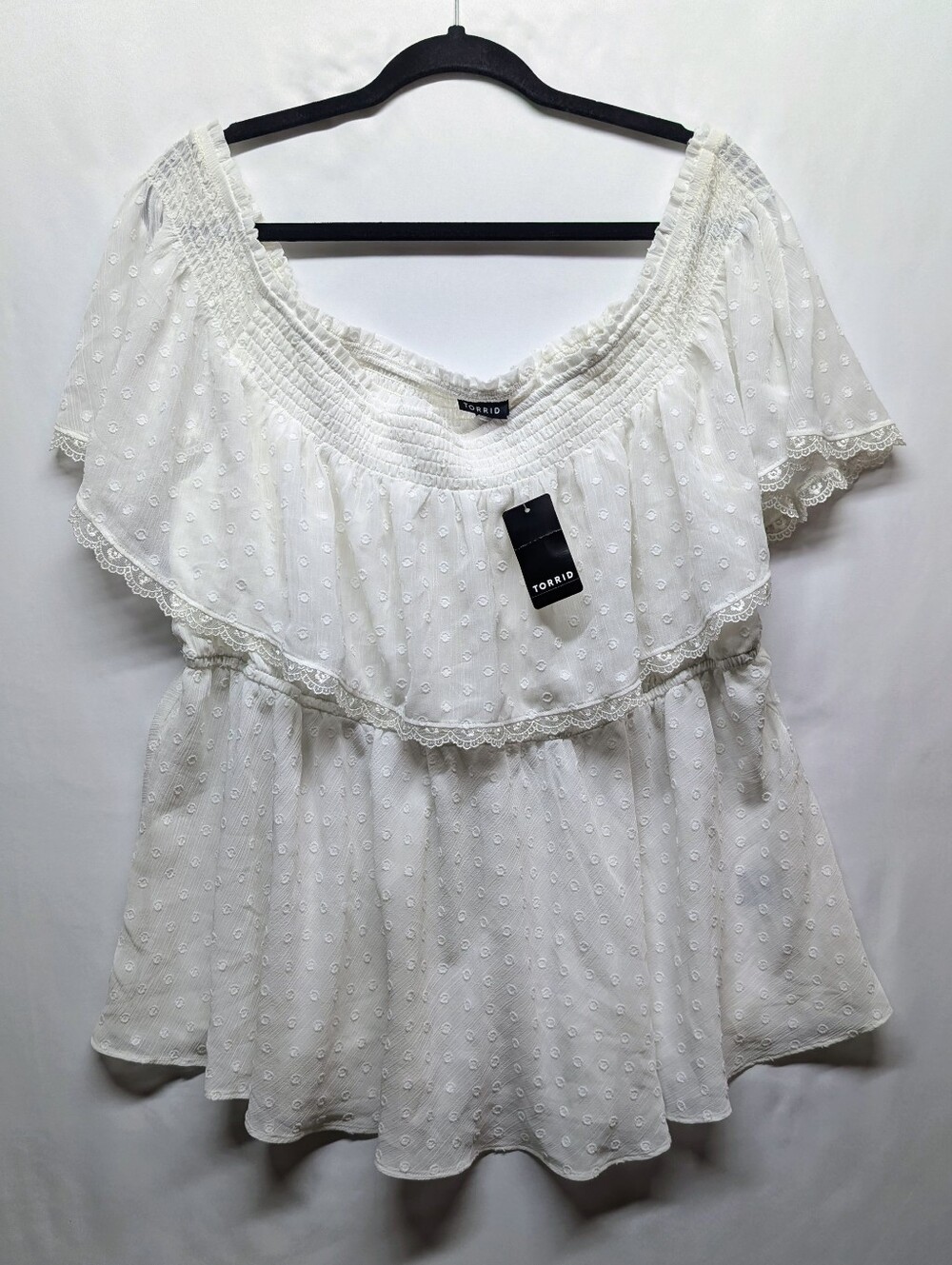 440-torrid White Off-Shoulder Swiss Dot Ruffle Blouse